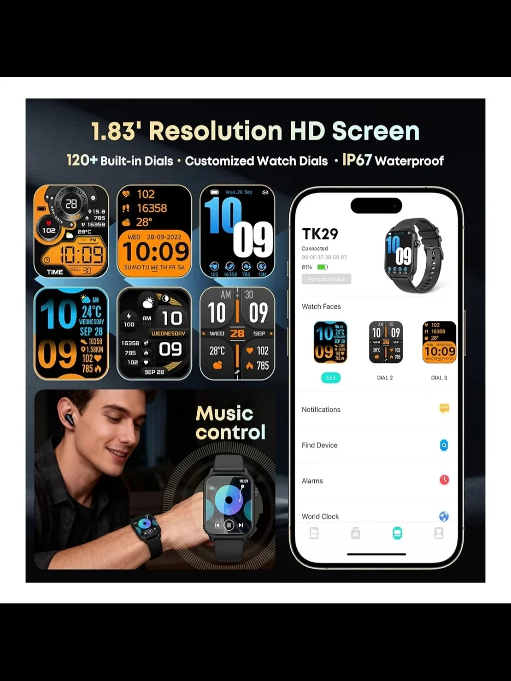 Smart Fitness Watch with Black Silicone Band